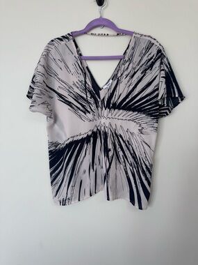 Bar III Light Pink and Black Abstract V-Neck Flutter Sleeve Top